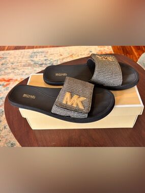 Michael Kors Black Slides with Gold MK Logo and Sparkle Strap